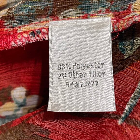 Lauren Conrad Size L Floral Print Boho Blouse Red & Gold Sheer Pleated - Picture 6 of 8